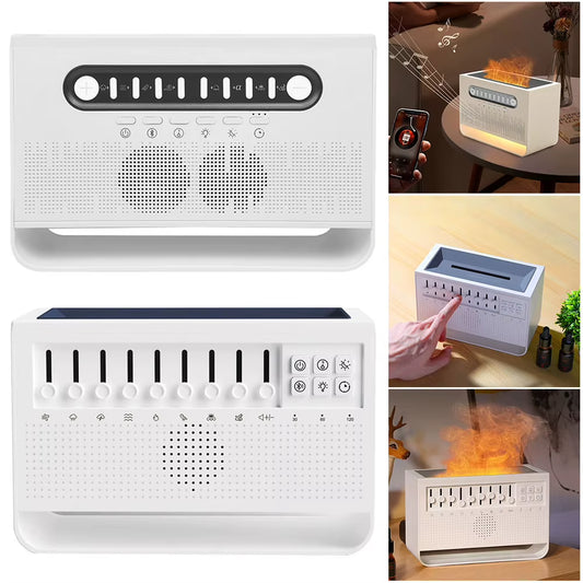 White Noise Sound Machine Flame Air Diffuser Humidifier with BT Speaker & Night Light Aroma Diffuser for Babies Kids and Adults