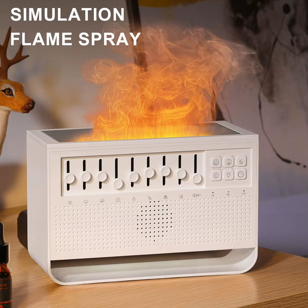 White Noise Sound Machine Flame Air Diffuser Humidifier with BT Speaker & Night Light Aroma Diffuser for Babies Kids and Adults
