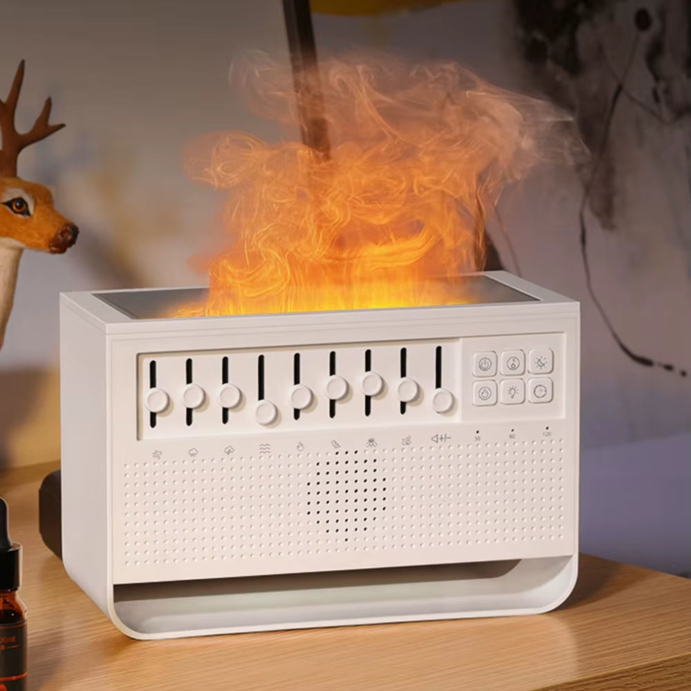 White Noise Sound Machine Flame Air Diffuser Humidifier with BT Speaker & Night Light Aroma Diffuser for Babies Kids and Adults